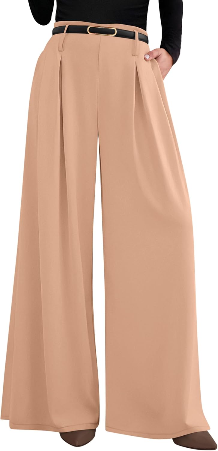 Women's Wide Leg Dress Pants - Pleated Front Palazzo Trousers with Elastic High Waist and Pockets for Work - Small Long