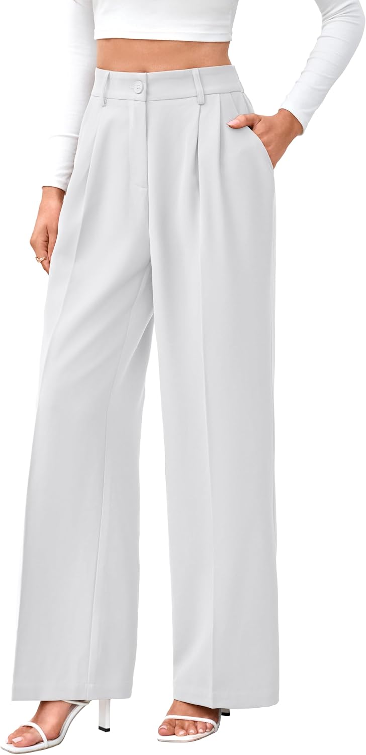 Women's High Waist Wide Leg Work Pants - Loose Office Slacks with Back Elastic Waistband for Business Casual - Large Lon