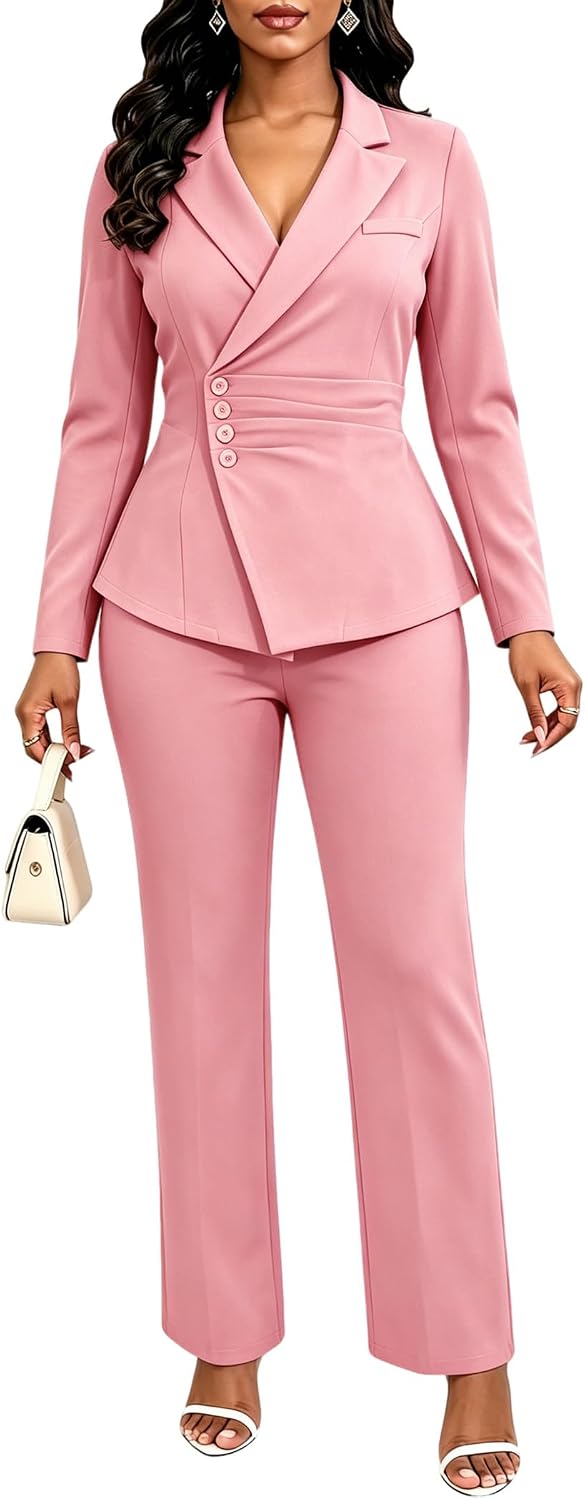 Women's Ruched Two Piece Pant Suit - Single Breasted Blazer, Back Belt and Matching Trousers for Business Wear - Small