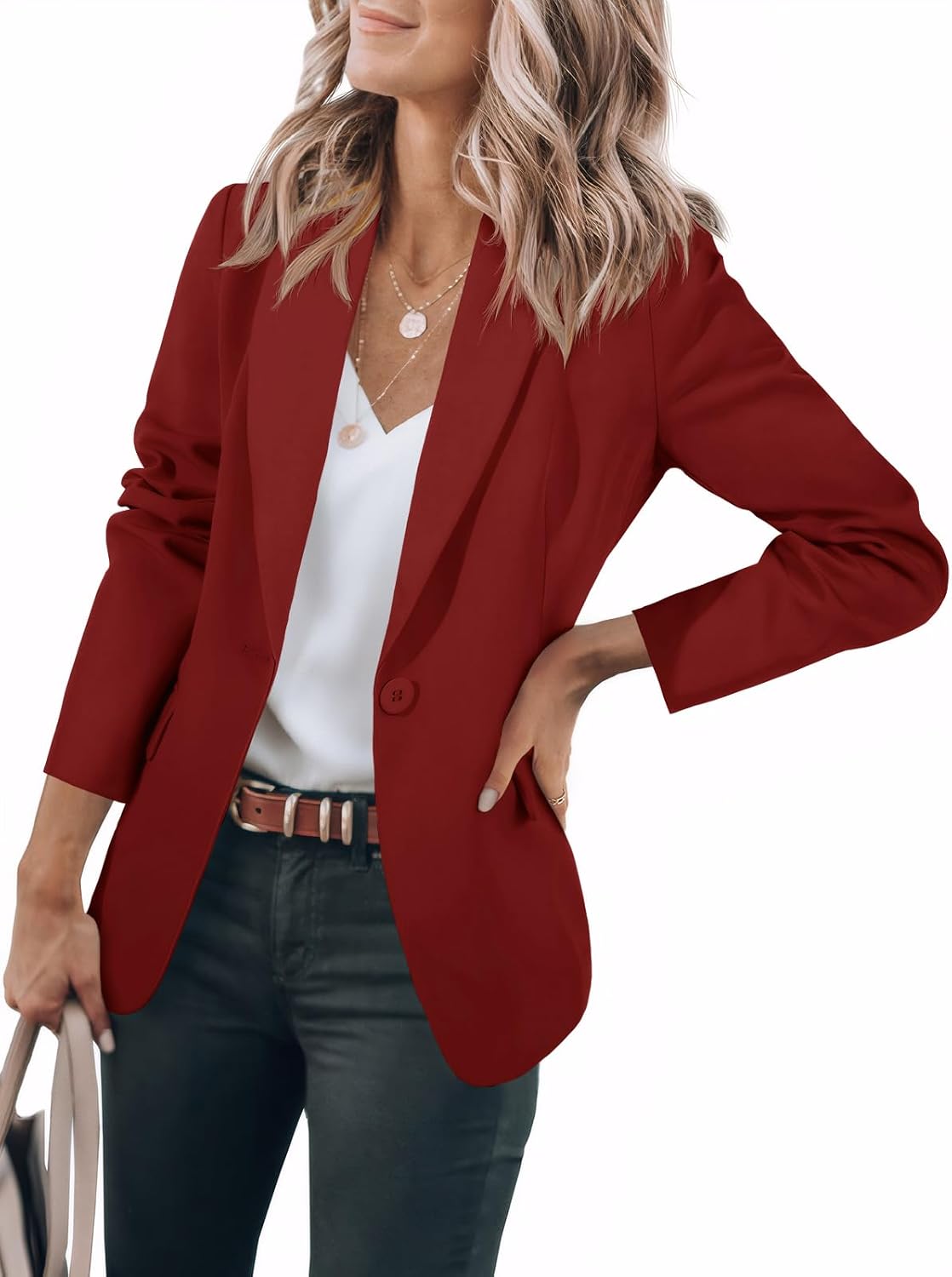 Women's Open Front Blazer - Notch Lapel Suit Jacket with Long Sleeves and Side Pockets for Work and Fall Layering - Medi