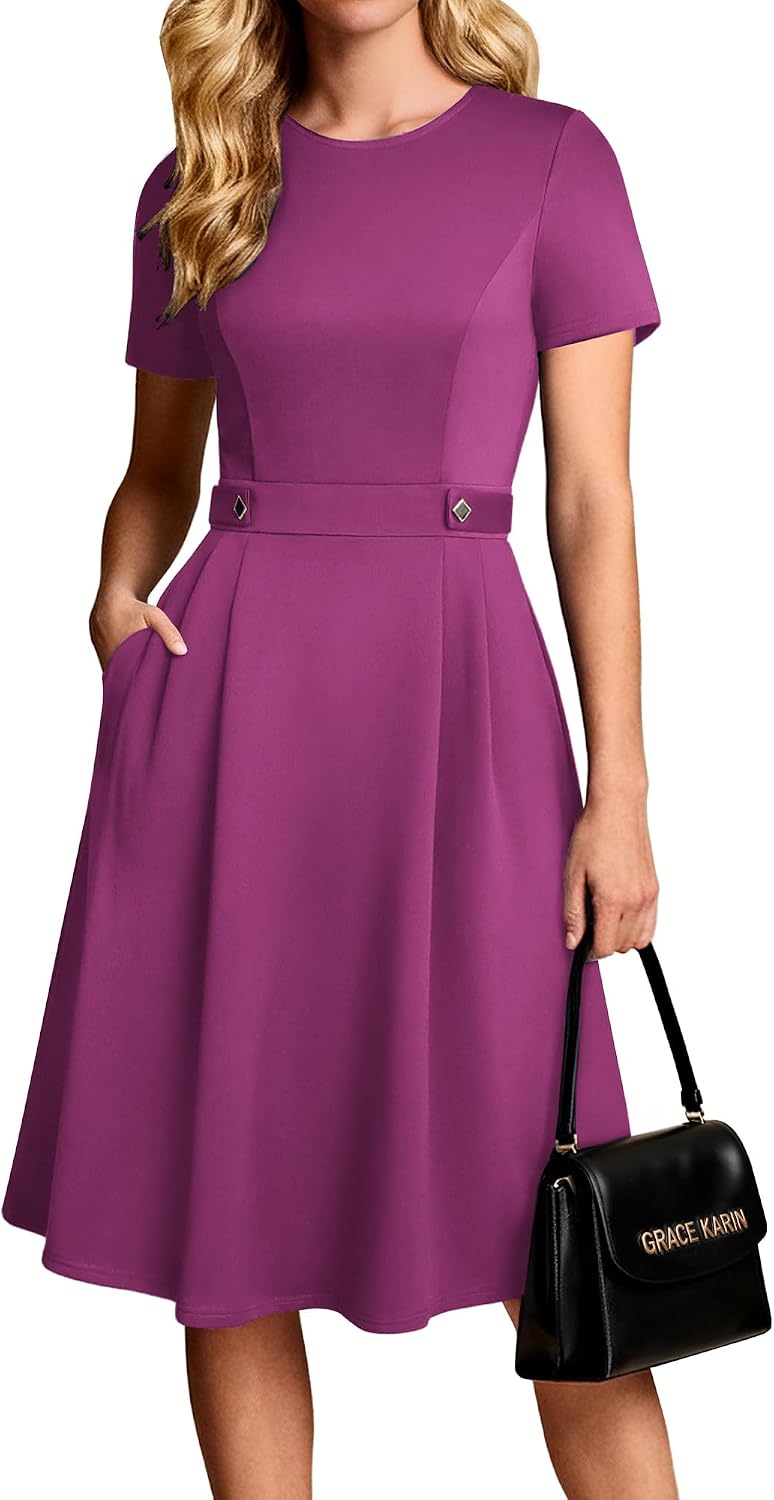 Women's Short Sleeve Midi Work Dress - Fit and Flare A-Line with Zipper Back and Pockets for Office and Church - Small