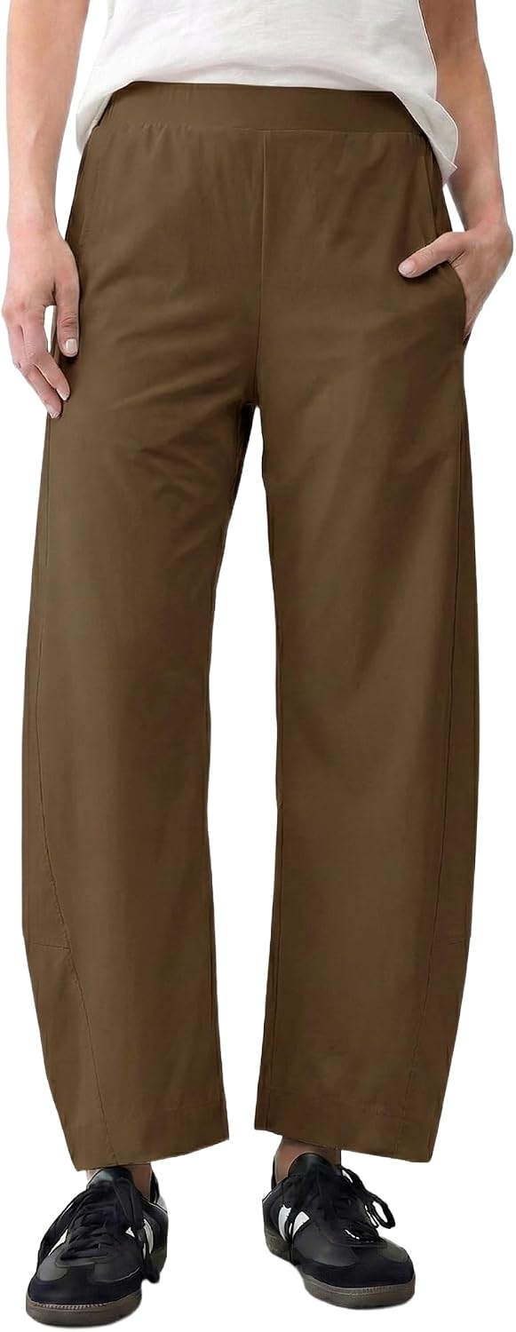 Women's Barrel Leg Ankle Pants - Loose Tapered Crop Trousers with Hidden Elastic Waist and Side Pockets - Small