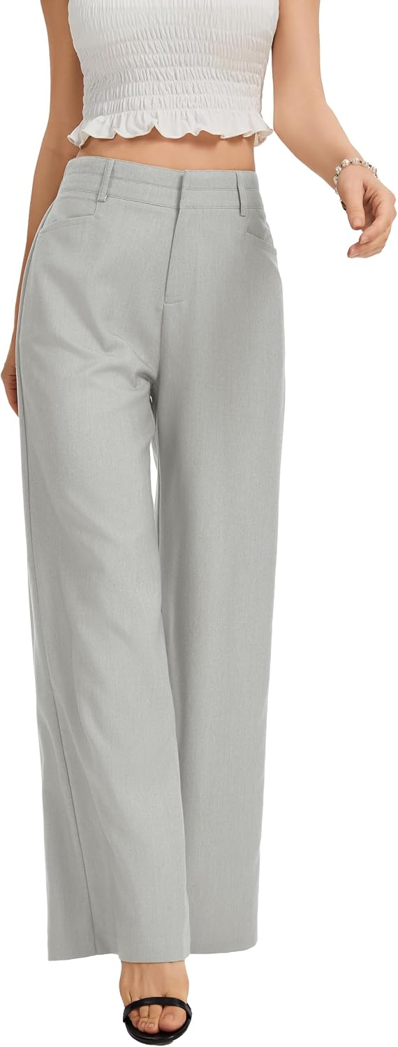 Women's High Waist Wide Leg Work Pants - Loose Office Slacks with Back Elastic Waistband for Business Casual - Small Sho