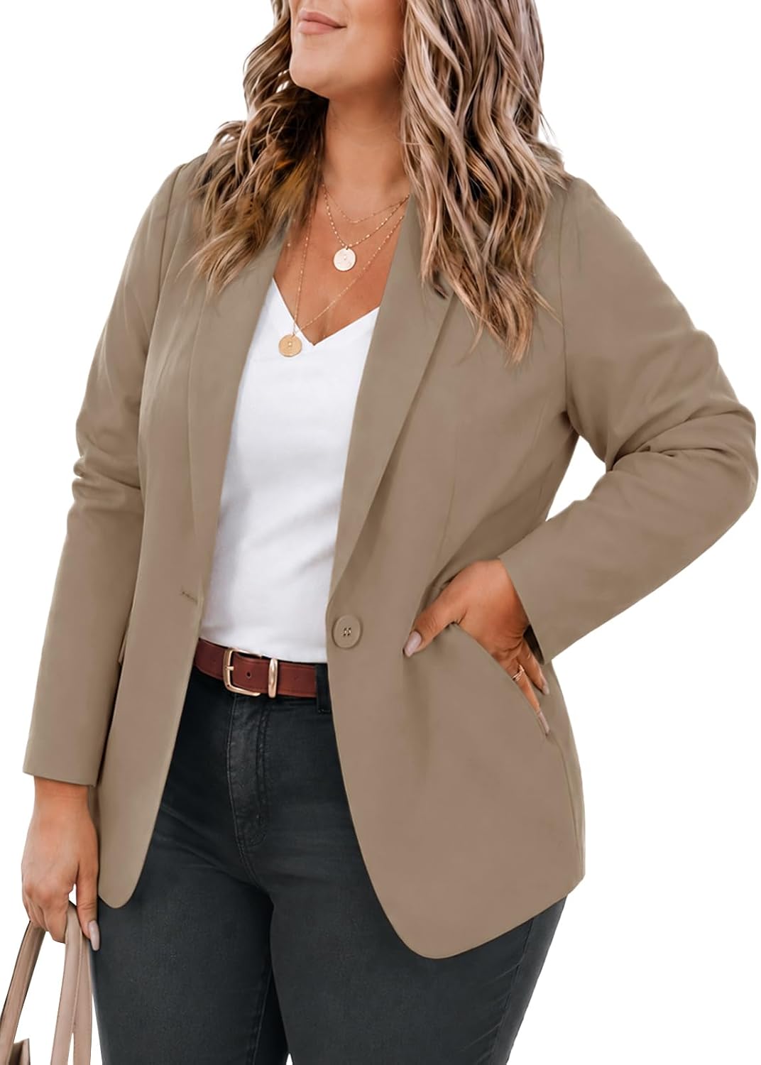 Women's Plus Size Lapel Blazer - Wrinkle Resistant Fabric, Single Button and Two Flap Pockets for Office Work - Large Pl