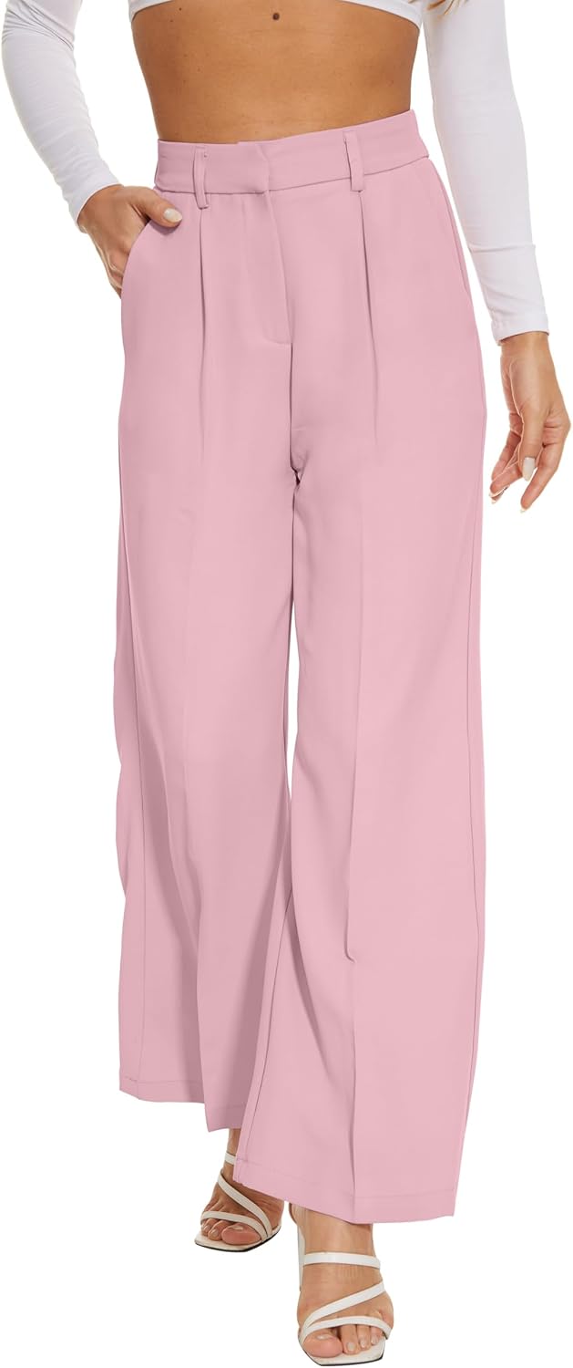 Women's High Waist Wide Leg Work Pants - Loose Office Slacks with Back Elastic Waistband for Business Casual - Large