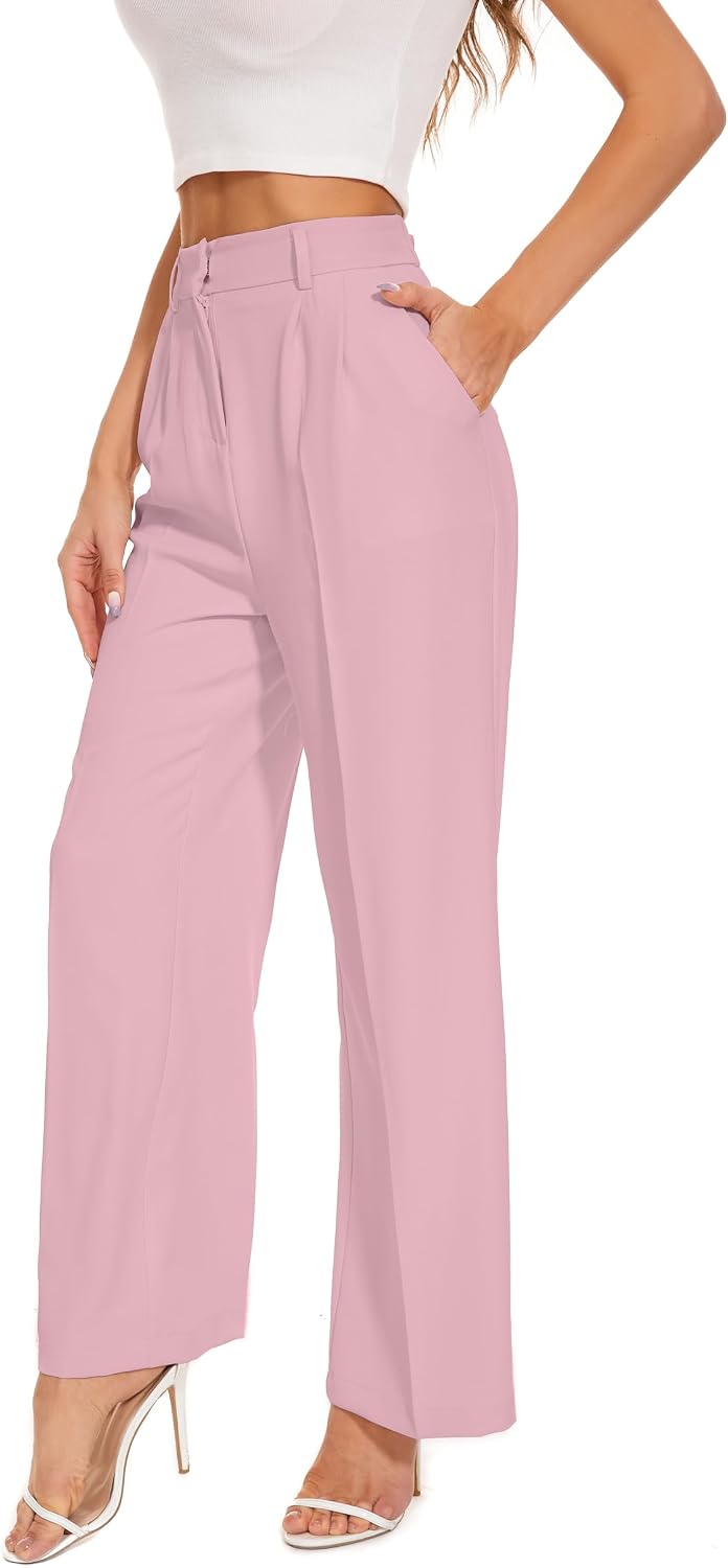 Women's High Waist Wide Leg Work Pants - Loose Office Slacks with Back Elastic Waistband for Business Casual - Large Lon