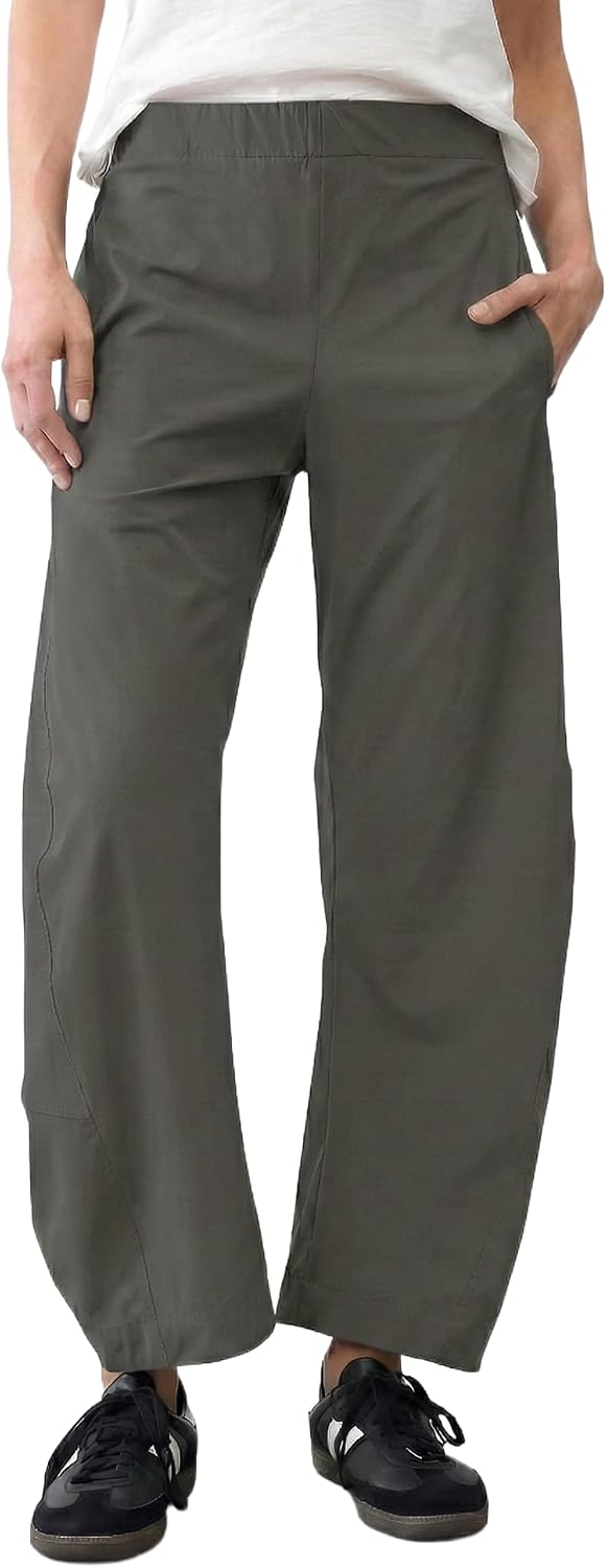 Women's Barrel Leg Ankle Pants - Loose Tapered Crop Trousers with Hidden Elastic Waist and Side Pockets - Small