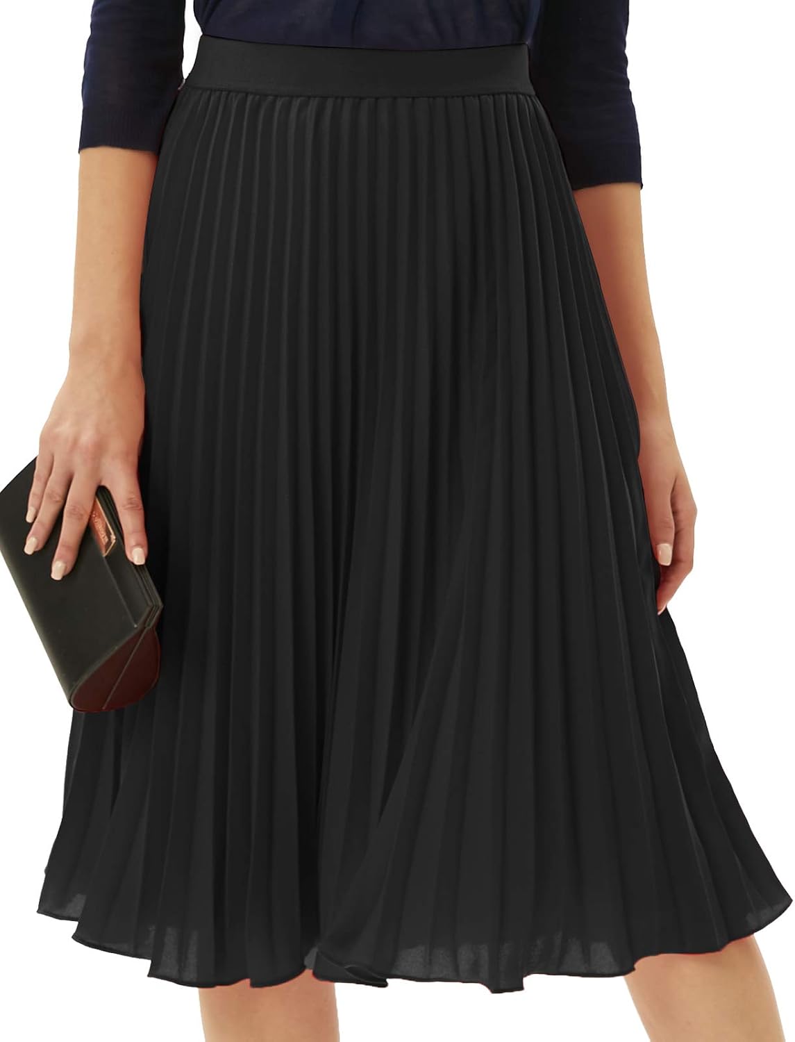 Women's Pleated Chiffon Midi Skirt - A-Line Flowy Swing Skirt with High Elastic Waist for Work and Party Wear - Small