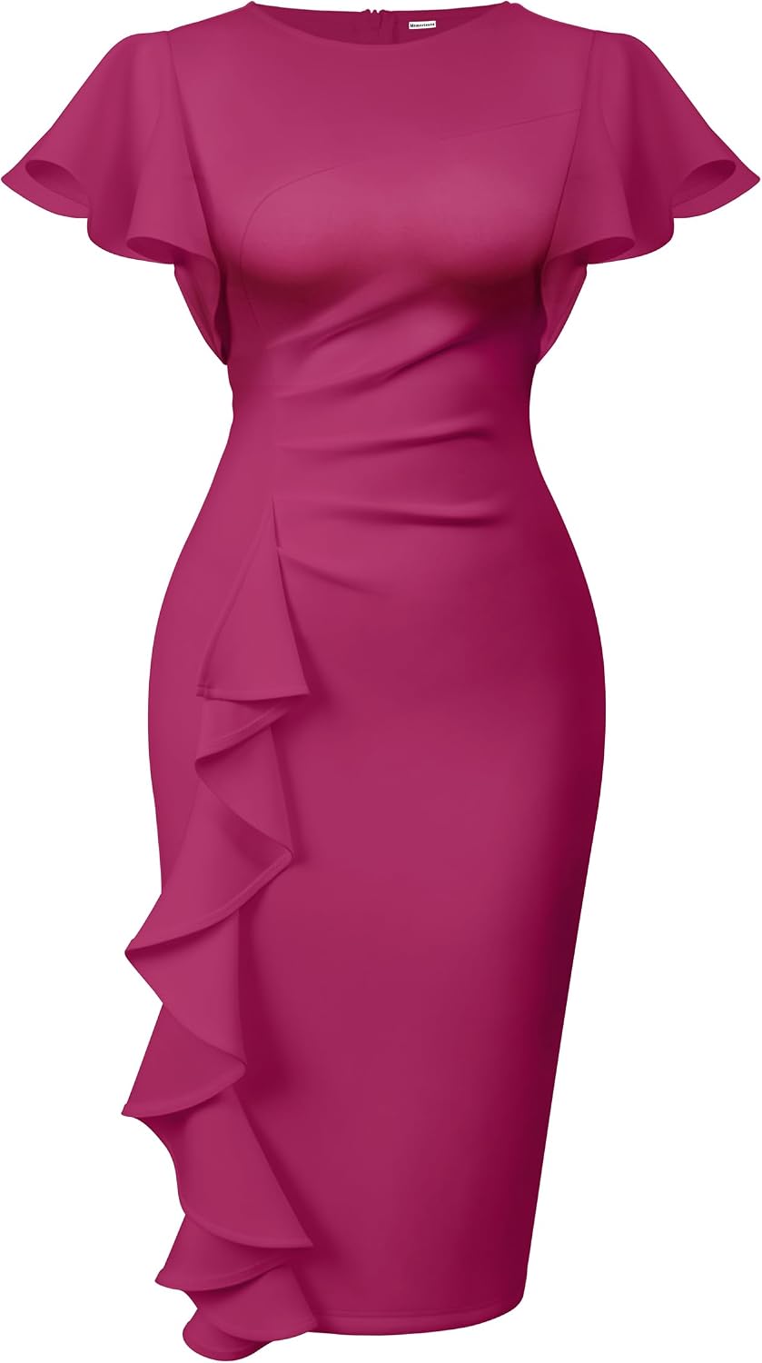 Women's Ruffle Sleeve Sheath Dress - Ruched Waist Midi with Back Zipper and Knee Length Hem for Office Wear - Large