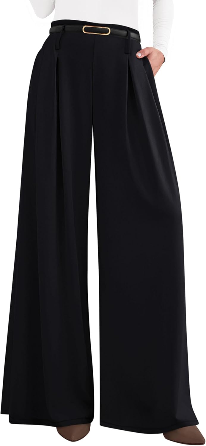 Women's Wide Leg Dress Pants - Pleated Front Palazzo Trousers with Elastic High Waist and Pockets for Work - Small
