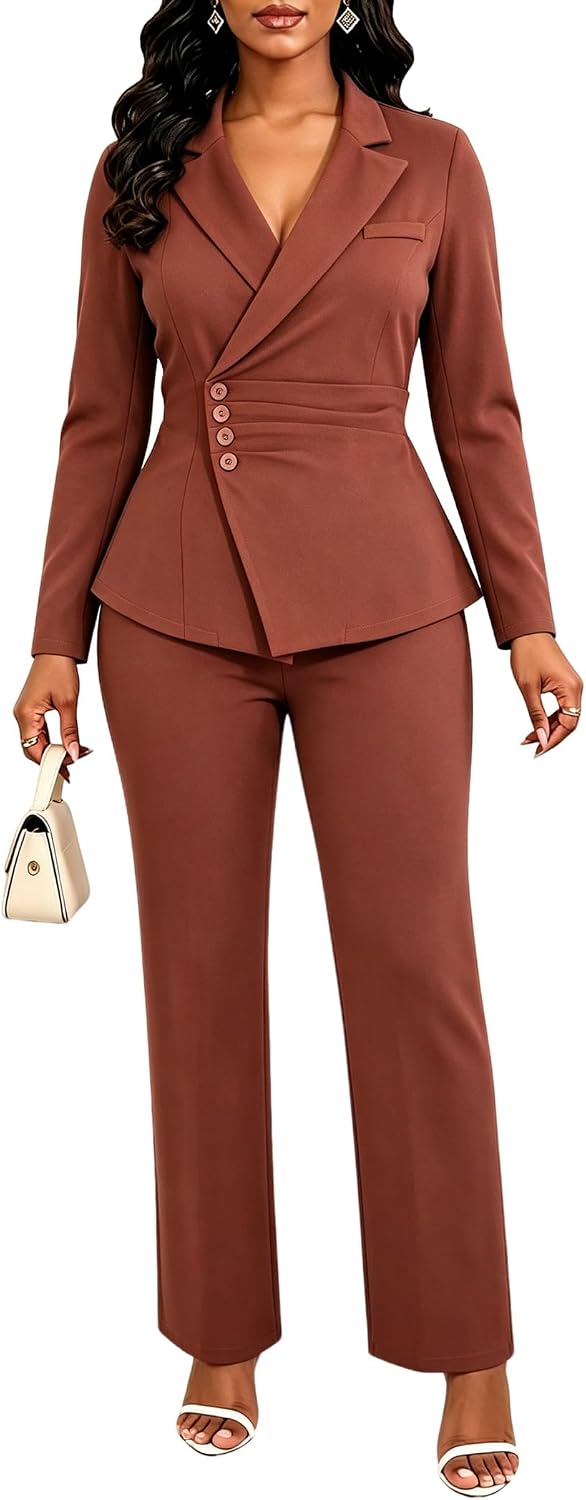 Women's Ruched Two Piece Pant Suit - Single Breasted Blazer, Back Belt and Matching Trousers for Business Wear - Small