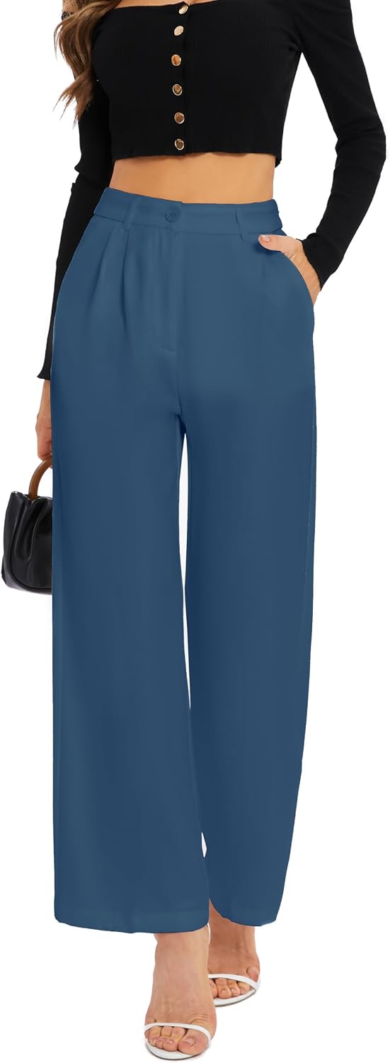 Women's High Waist Wide Leg Work Pants - Loose Office Slacks with Back Elastic Waistband for Business Casual - Small Lon