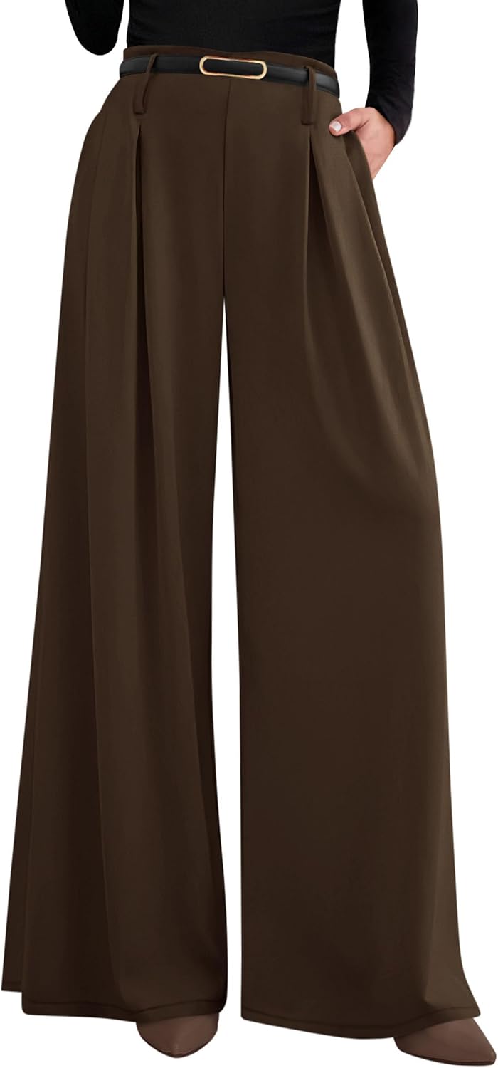 Women's Wide Leg Dress Pants - Pleated Front Palazzo Trousers with Elastic High Waist and Pockets for Work - Small