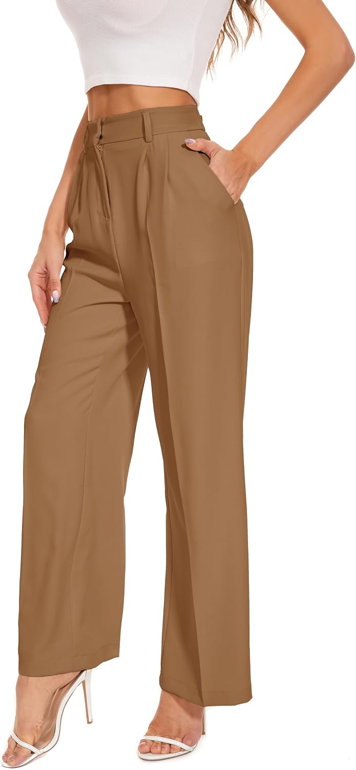 Women's High Waist Wide Leg Work Pants - Loose Office Slacks with Back Elastic Waistband for Business Casual - Small Lon