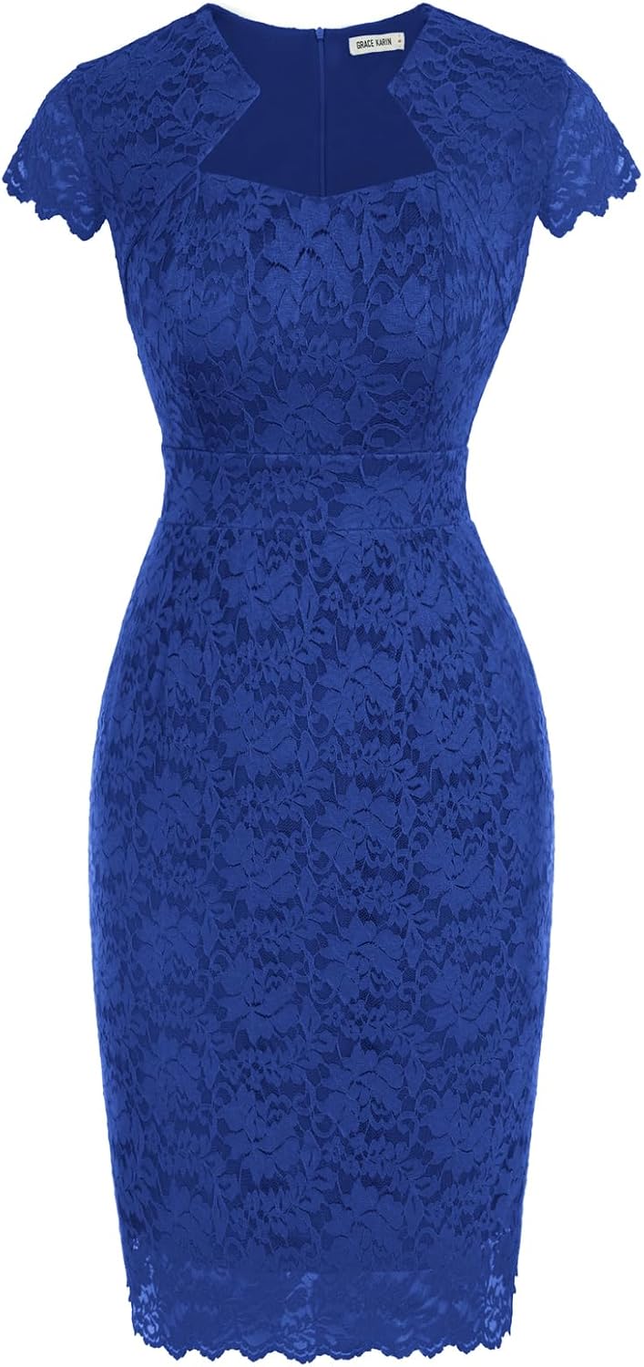 Women's Lace Cocktail Dress - Cap Sleeve Bodycon Pencil Dress for Weddings, Banquets and Semi Formal Evenings - Medium