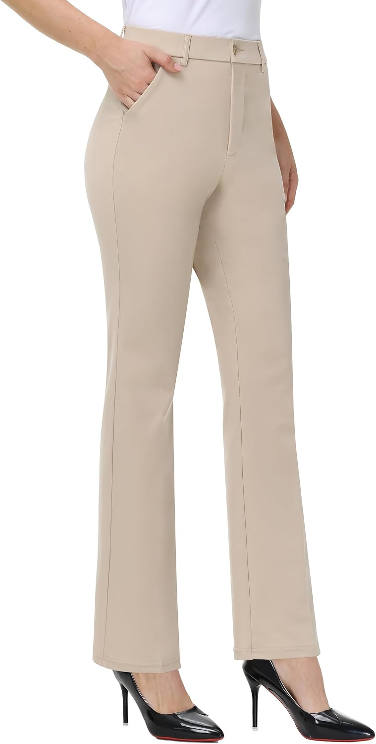 Women's Straight Leg Dress Pants - Stretch Office Slacks with Elastic Waistband, Belt Loops and Working Pockets - 0 Shor