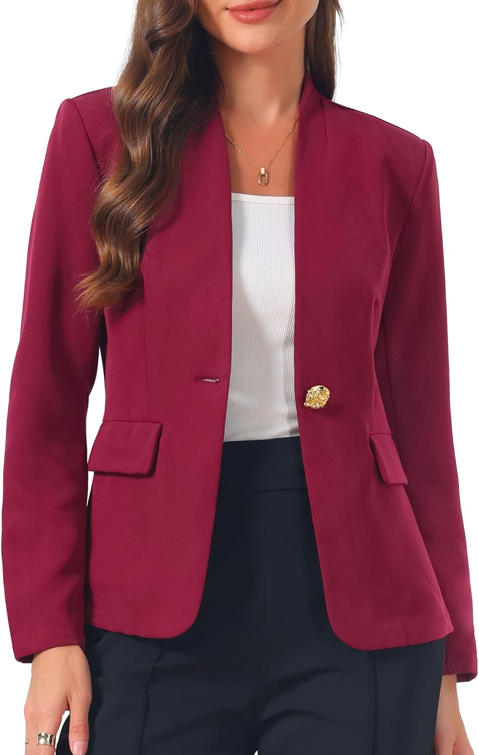 Women's Collarless Blazer - One Button Suit Jacket with Long Sleeves for Office Work and Business Casual Style - Small