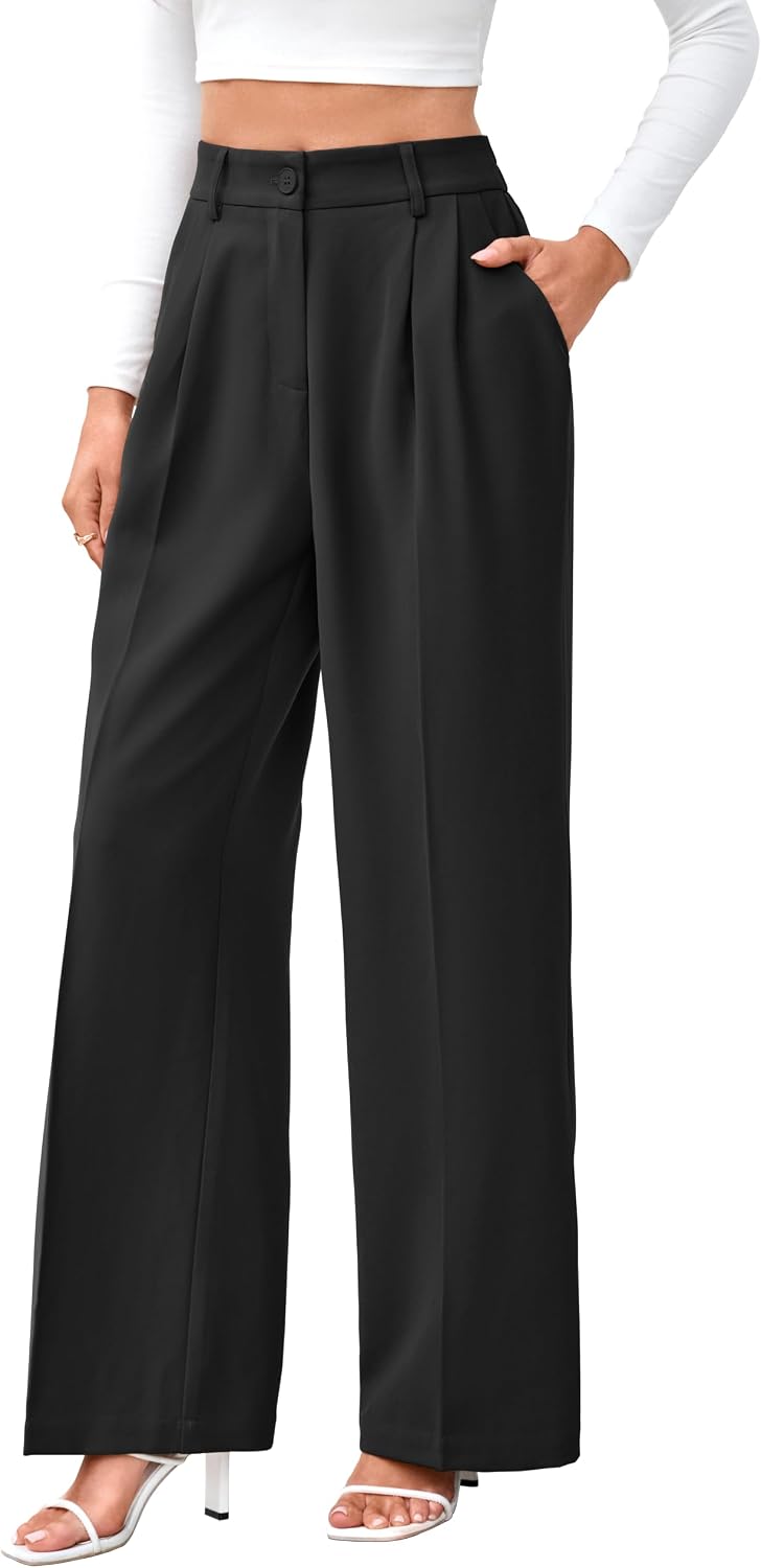Women's High Waist Wide Leg Work Pants - Loose Office Slacks with Back Elastic Waistband for Business Casual - Large Sho