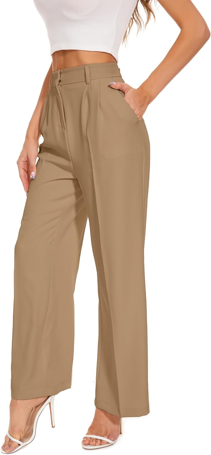Women's High Waist Wide Leg Work Pants - Loose Office Slacks with Back Elastic Waistband for Business Casual - Large Sho