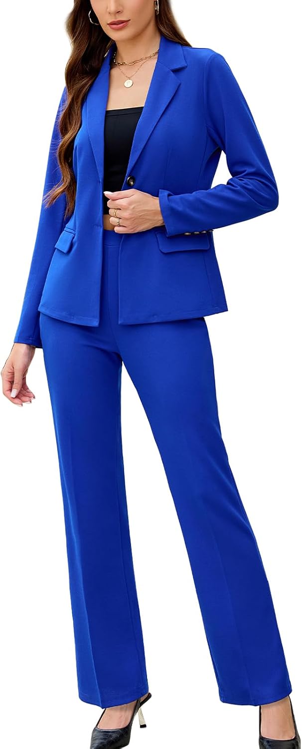 Women's Solid Two Piece Pantsuit - Long Sleeve Blazer and Trousers Set for Professional Office and Work Days - Small (10