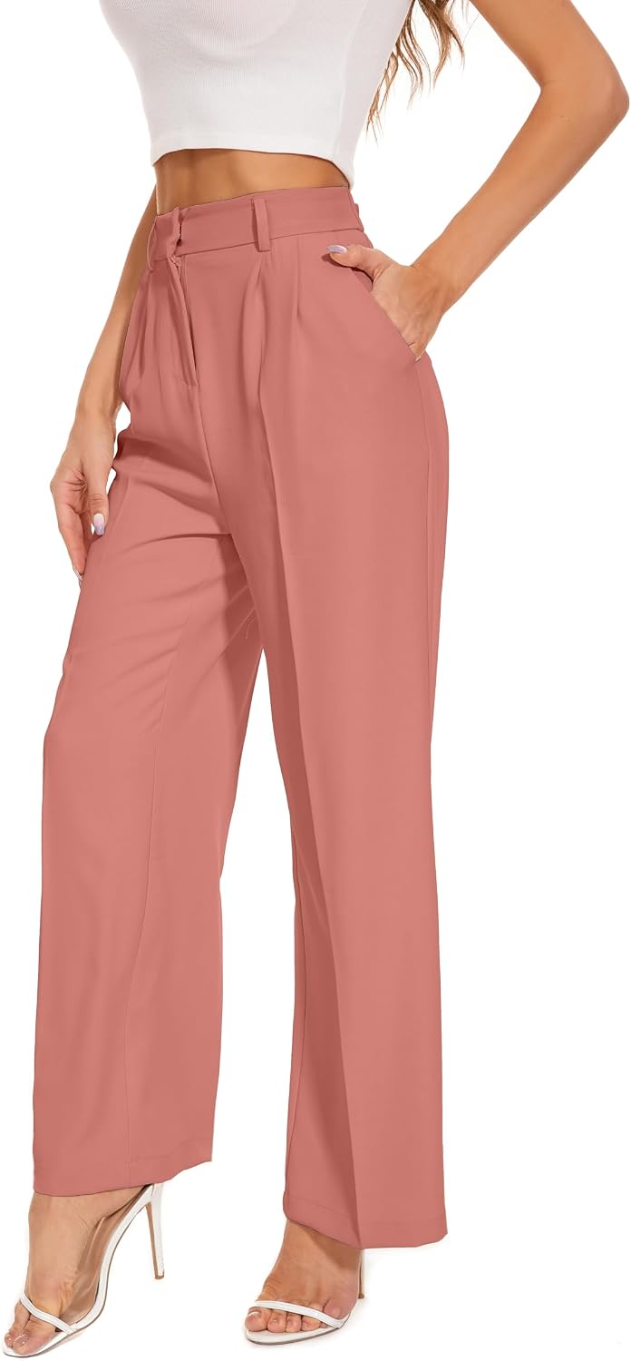 Women's High Waist Wide Leg Work Pants - Loose Office Slacks with Back Elastic Waistband for Business Casual - Medium