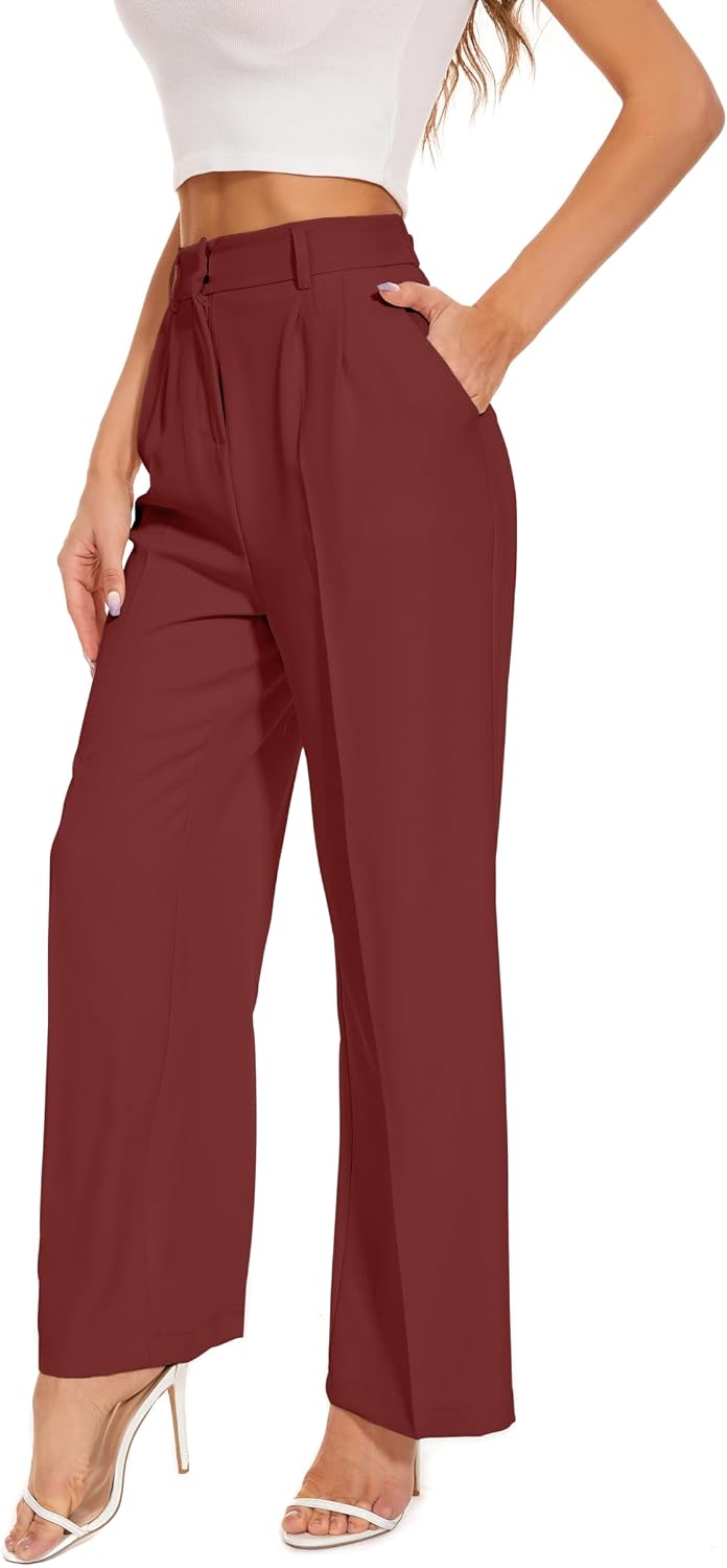 Women's High Waist Wide Leg Work Pants - Loose Office Slacks with Back Elastic Waistband for Business Casual - Small (49