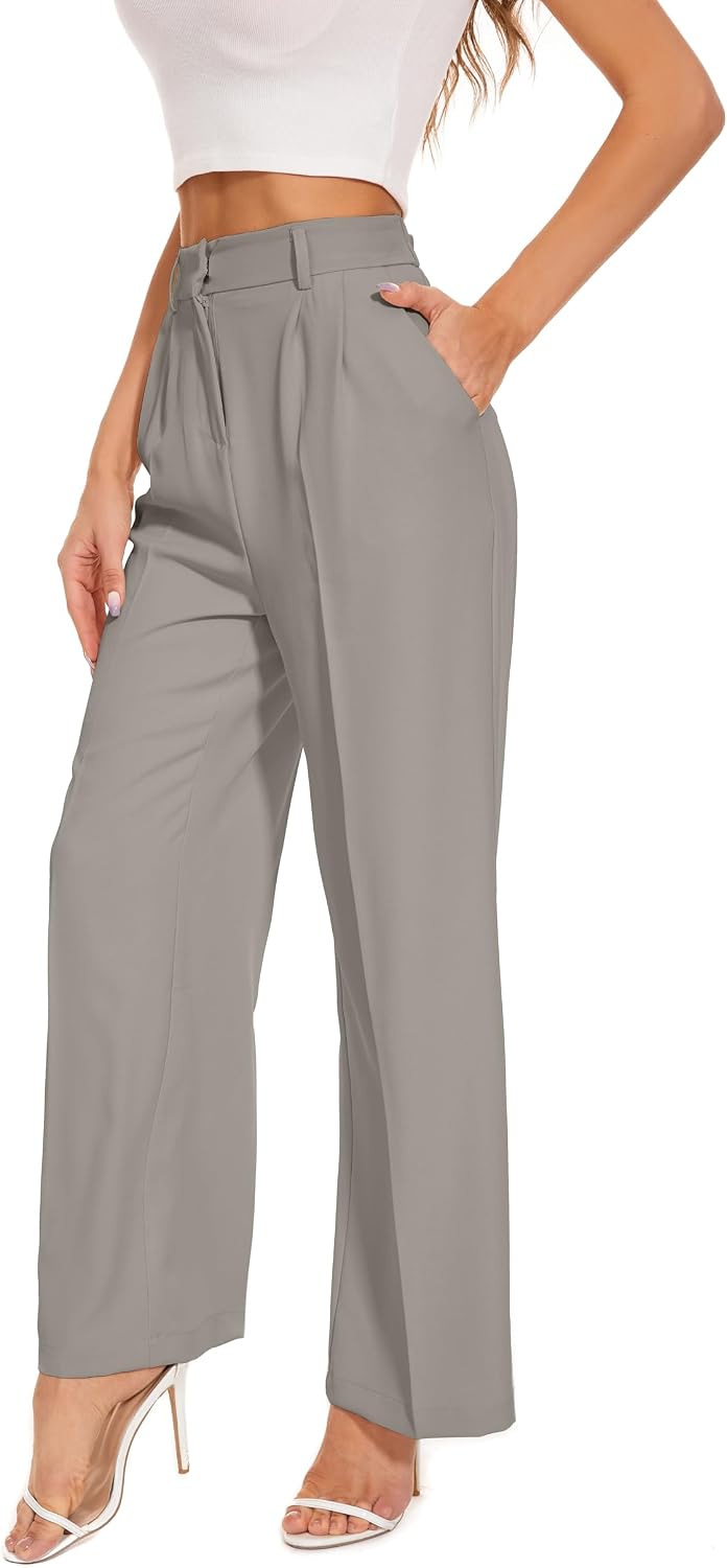 Women's High Waist Wide Leg Work Pants - Loose Office Slacks with Back Elastic Waistband for Business Casual - Large Sho