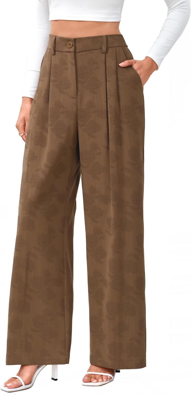 Women's High Waist Wide Leg Work Pants - Loose Office Slacks with Back Elastic Waistband for Business Casual - Small