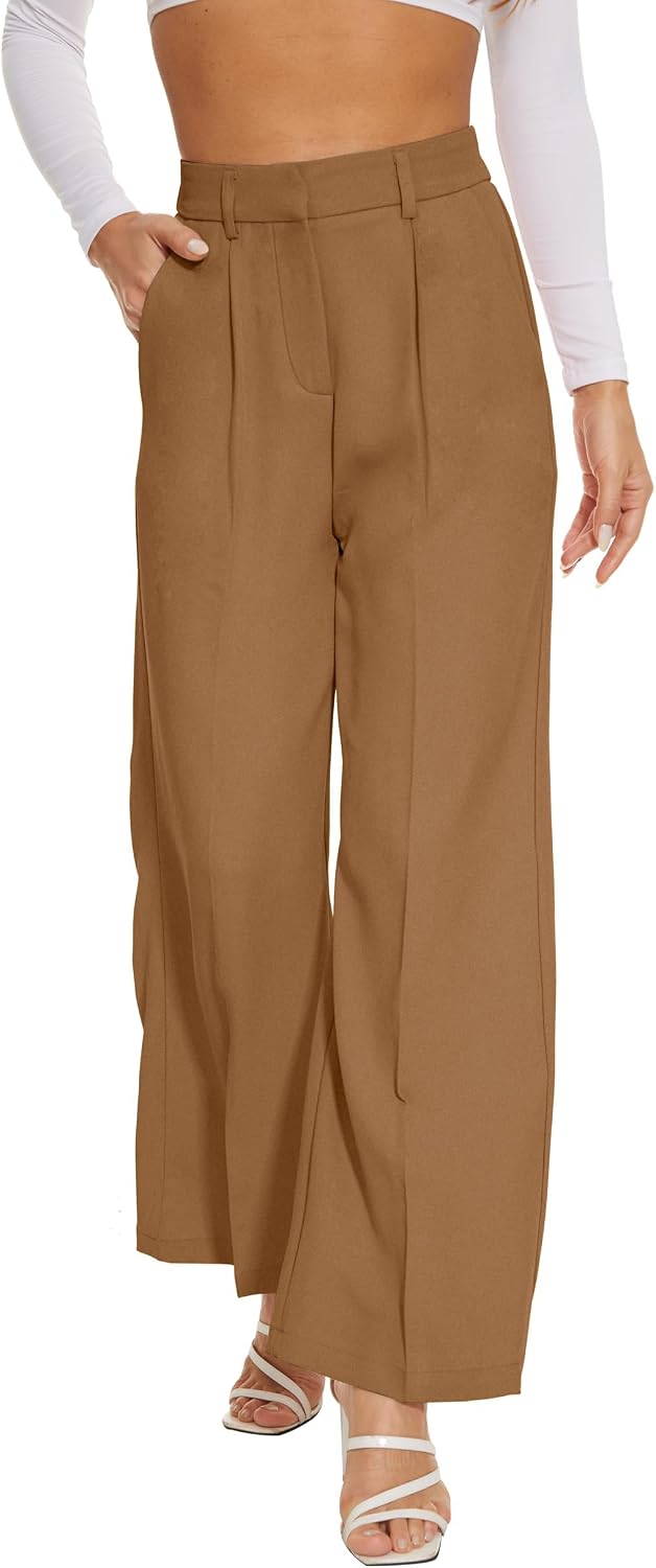 Women's High Waist Wide Leg Work Pants - Loose Office Slacks with Back Elastic Waistband for Business Casual - Large Sho