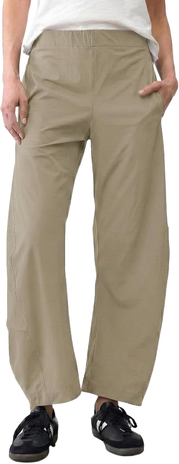 Women's Barrel Leg Ankle Pants - Loose Tapered Crop Trousers with Hidden Elastic Waist and Side Pockets - Small (11)