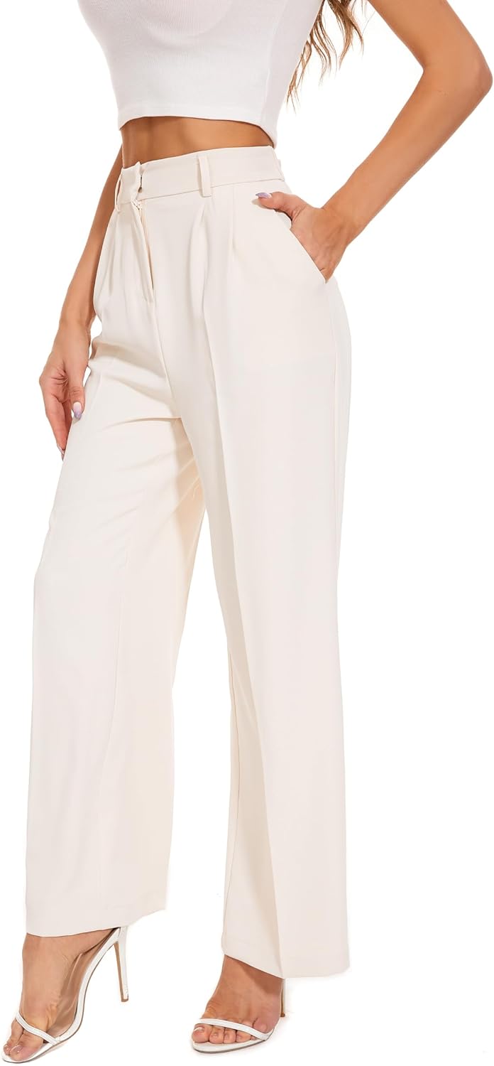 Women's High Waist Wide Leg Work Pants - Loose Office Slacks with Back Elastic Waistband for Business Casual - Large Sho