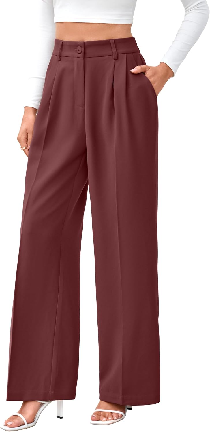 Women's High Waist Wide Leg Work Pants - Loose Office Slacks with Back Elastic Waistband for Business Casual - Large Sho