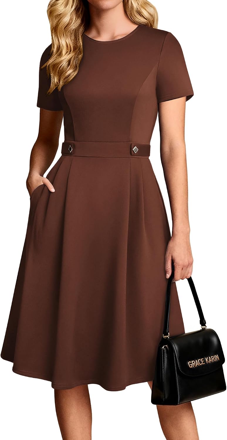 Women's Short Sleeve Midi Work Dress - Fit and Flare A-Line with Zipper Back and Pockets for Office and Church - Medium