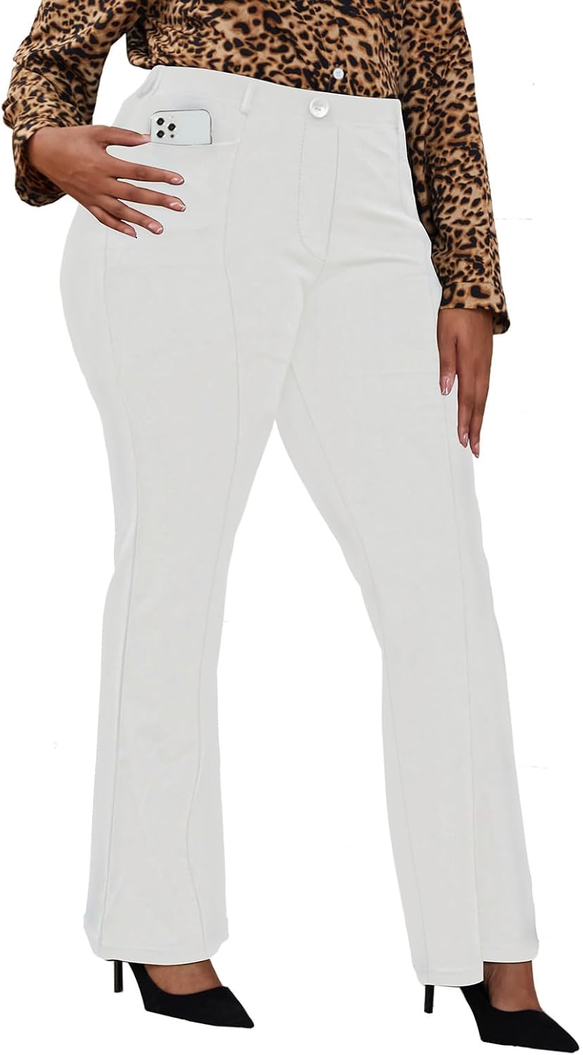 Women's Plus Size Pull On Dress Pants - Wrinkle Free Stretch Office Trousers in Petite, Regular and Long Fits - Long (10