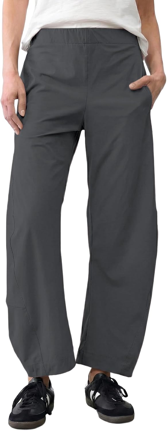 Women's Barrel Leg Ankle Pants - Loose Tapered Crop Trousers with Hidden Elastic Waist and Side Pockets - Small