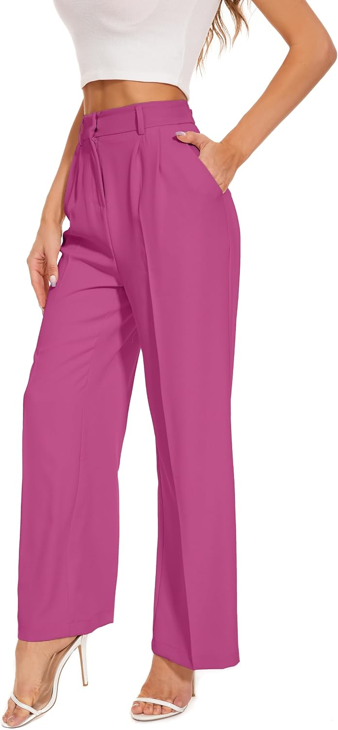 Women's High Waist Wide Leg Work Pants - Loose Office Slacks with Back Elastic Waistband for Business Casual - Large Lon