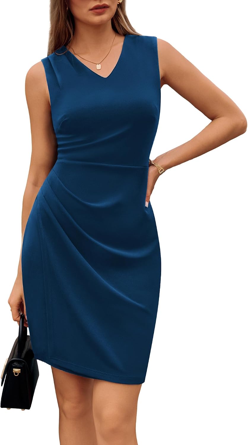 Women's Ruched Bodycon Wrap Dress - Sleeveless V Neck Pencil Dress for Office, Cocktail Hours and Work Parties - Small