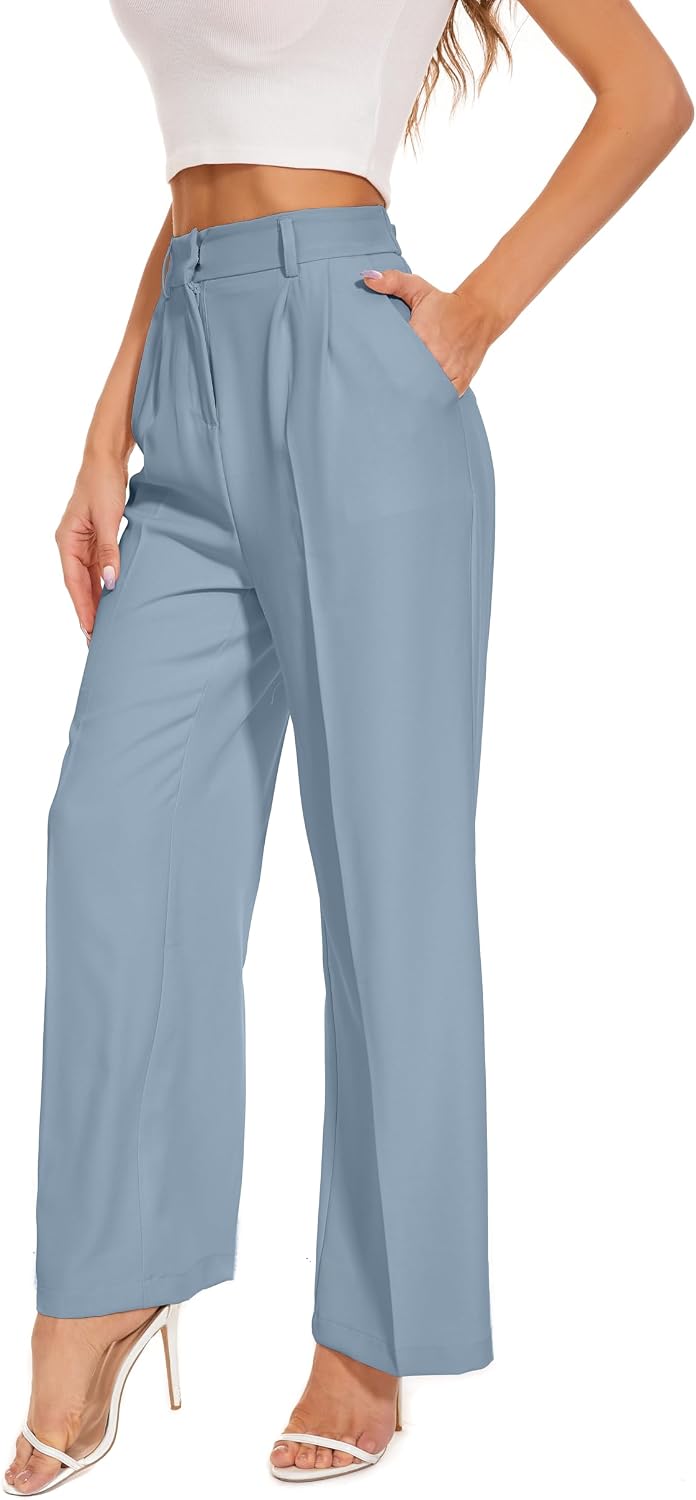 Women's High Waist Wide Leg Work Pants - Loose Office Slacks with Back Elastic Waistband for Business Casual - Small Lon