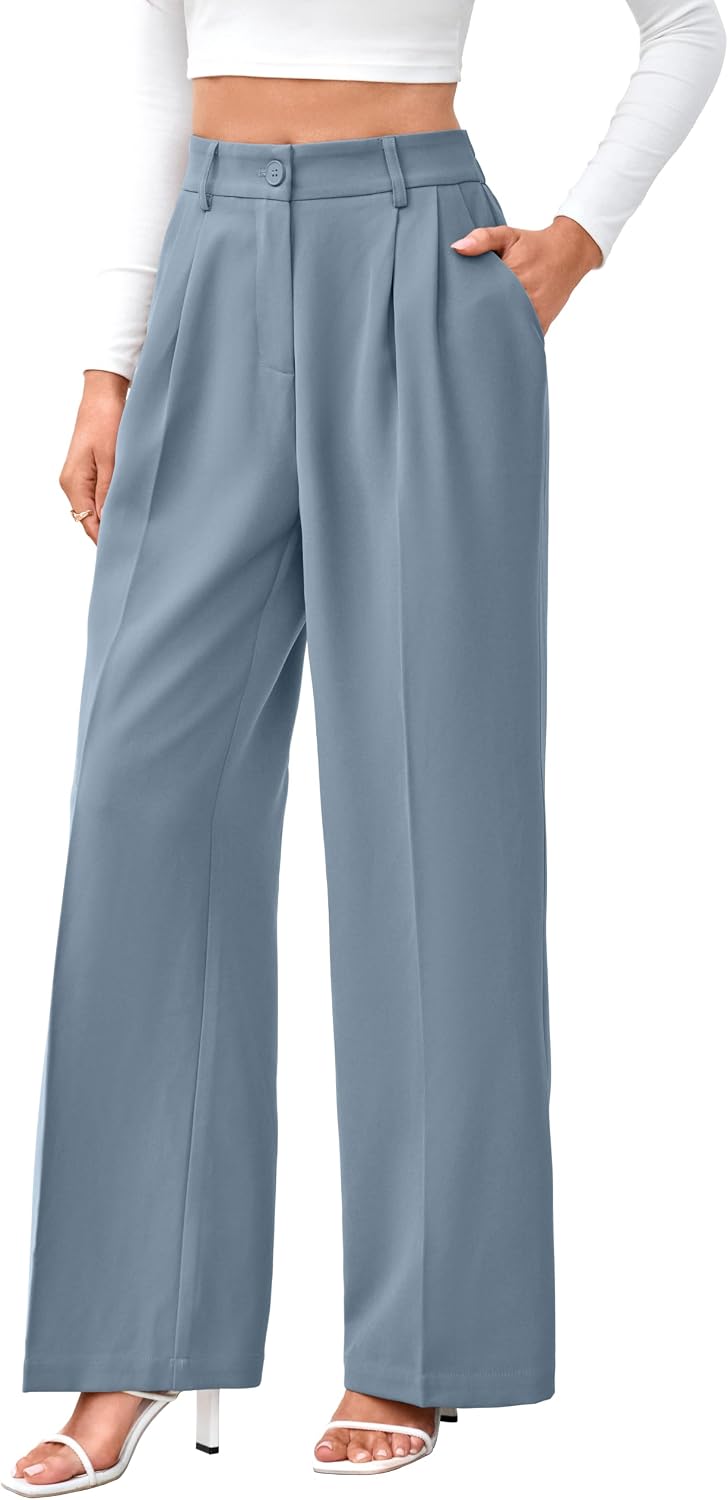 Women's High Waist Wide Leg Work Pants - Loose Office Slacks with Back Elastic Waistband for Business Casual - Large Lon