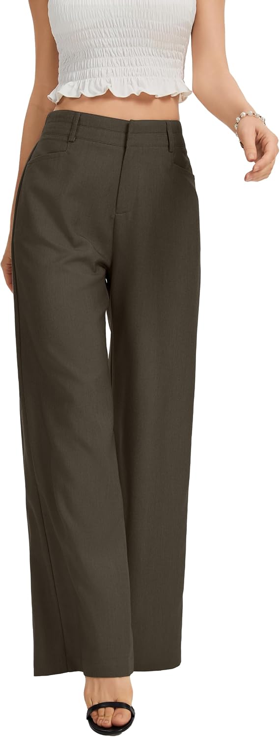 Women's High Waist Wide Leg Work Pants - Loose Office Slacks with Back Elastic Waistband for Business Casual - Large Lon