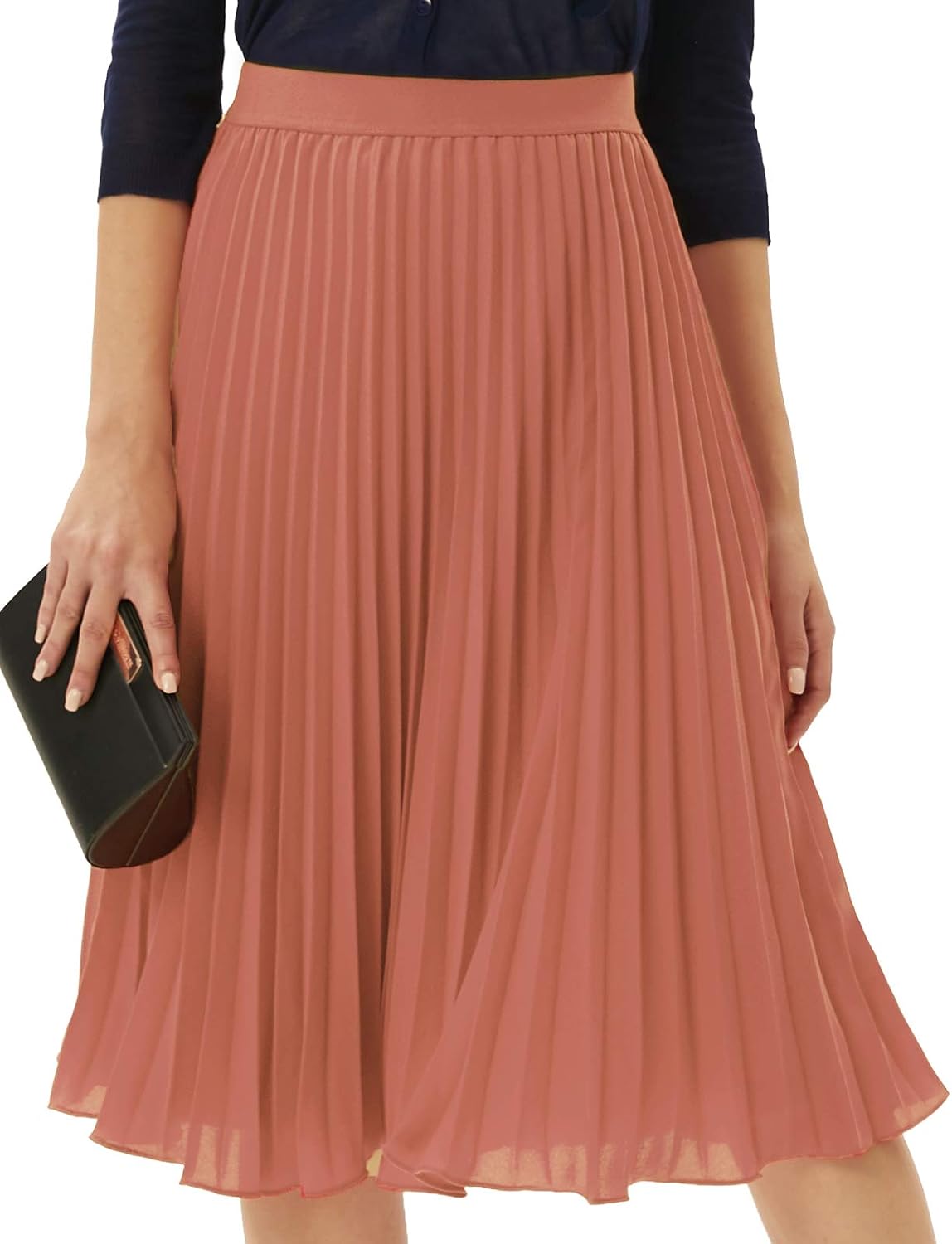 Women's Pleated Chiffon Midi Skirt - A-Line Flowy Swing Skirt with High Elastic Waist for Work and Party Wear - Small