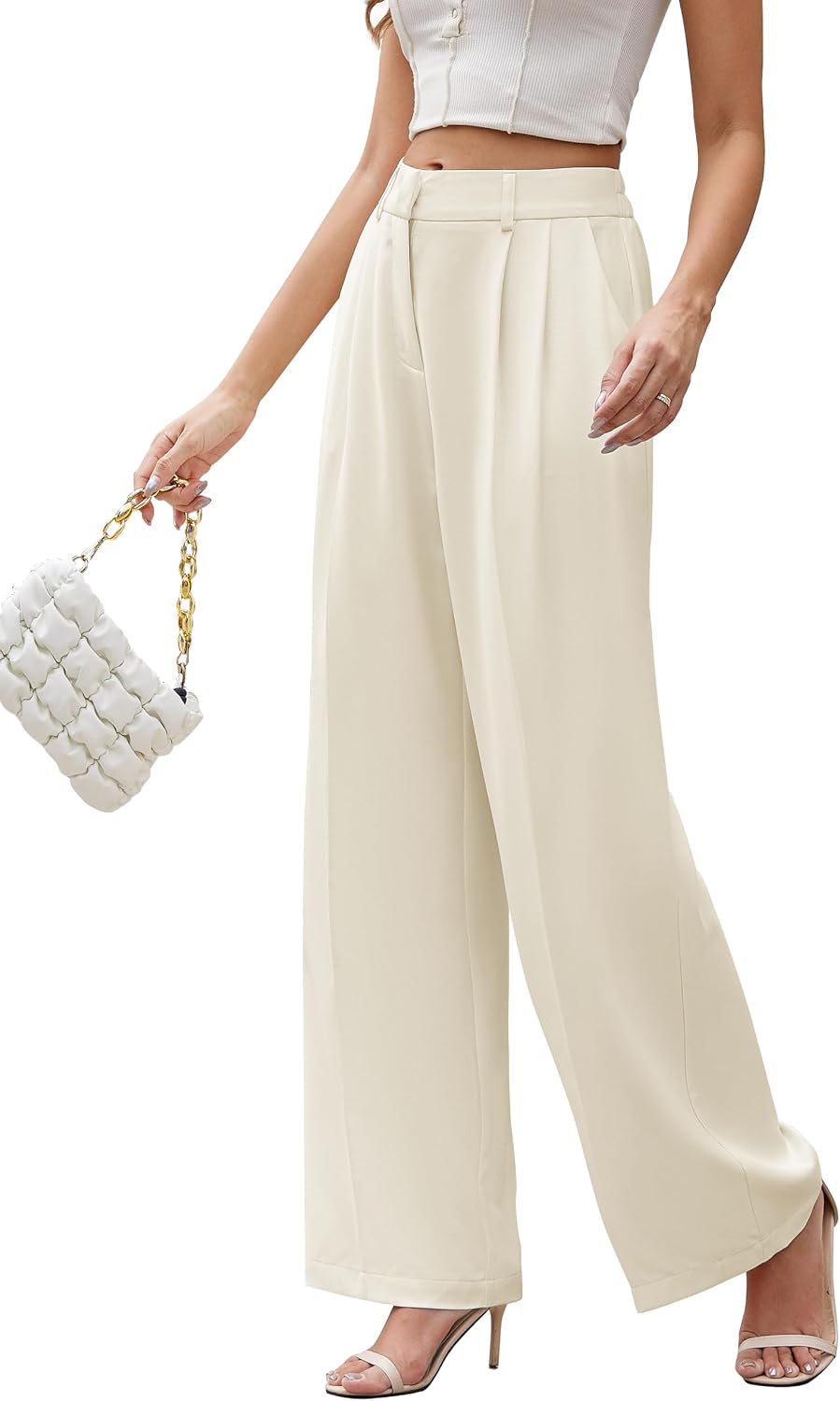 Women's High Waist Wide Leg Work Pants - Loose Office Slacks with Back Elastic Waistband for Business Casual - Small