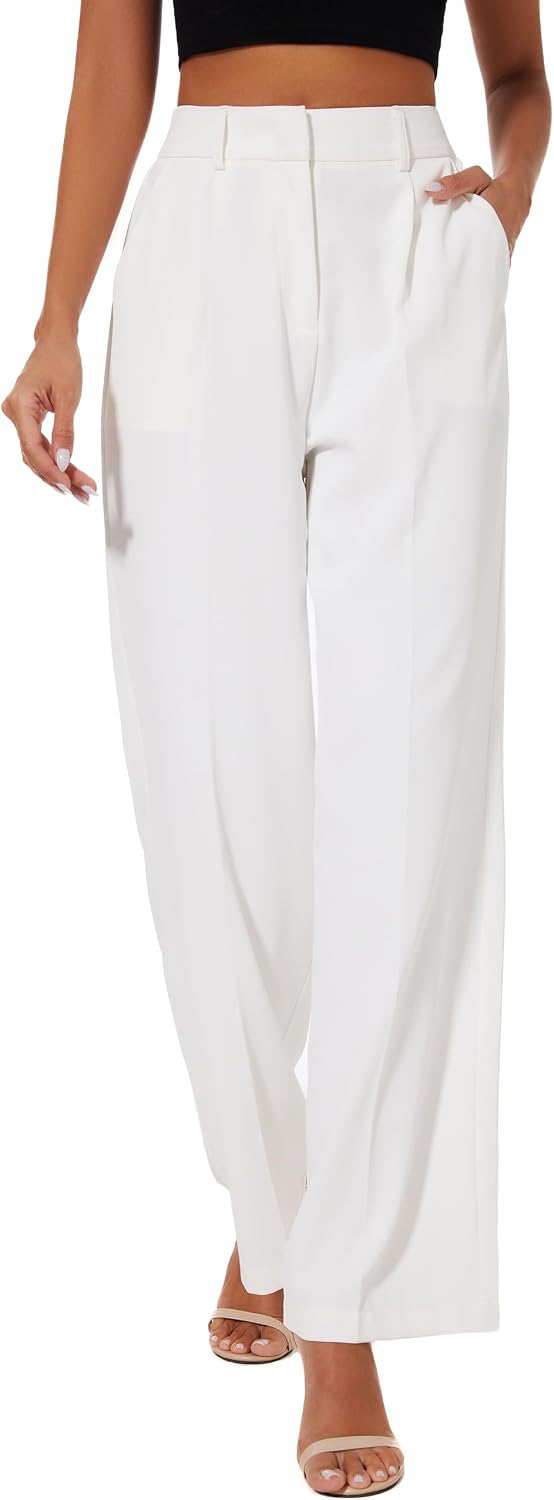 Women's High Waist Wide Leg Work Pants - Loose Office Slacks with Back Elastic Waistband for Business Casual - Small (52