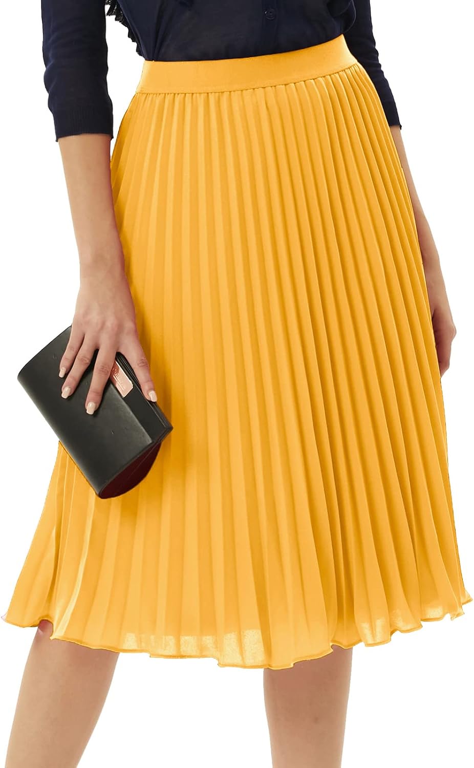 Women's Pleated Chiffon Midi Skirt - A-Line Flowy Swing Skirt with High Elastic Waist for Work and Party Wear - Medium