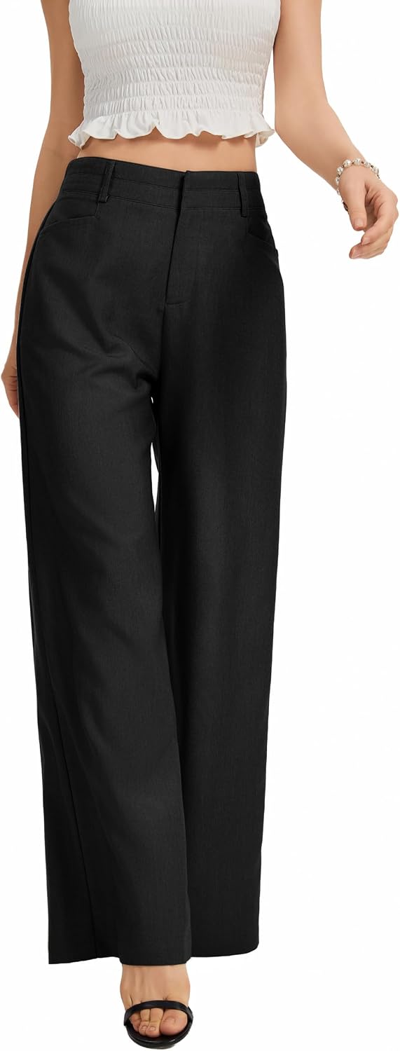 Women's High Waist Wide Leg Work Pants - Loose Office Slacks with Back Elastic Waistband for Business Casual - Small Lon