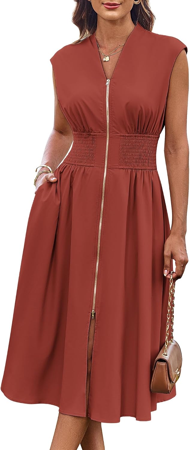 Women's Smocked Waist Work Dress - Cap Sleeve V Neck Midi with Front Zipper for Office and Summer Vacation Days - Black 
