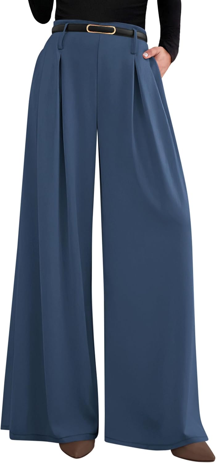 Women's Wide Leg Dress Pants - Pleated Front Palazzo Trousers with Elastic High Waist and Pockets for Work - Small
