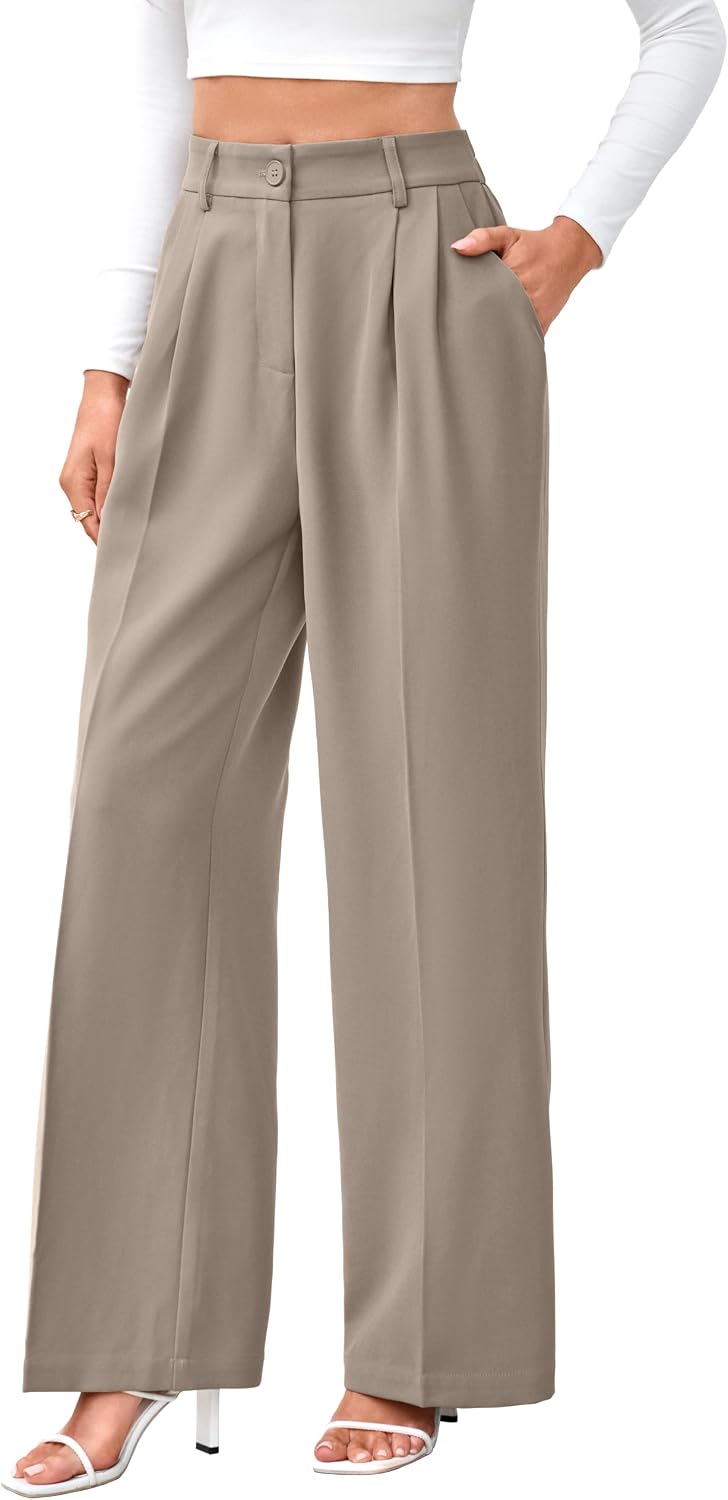 Women's High Waist Wide Leg Work Pants - Loose Office Slacks with Back Elastic Waistband for Business Casual - Small Sho