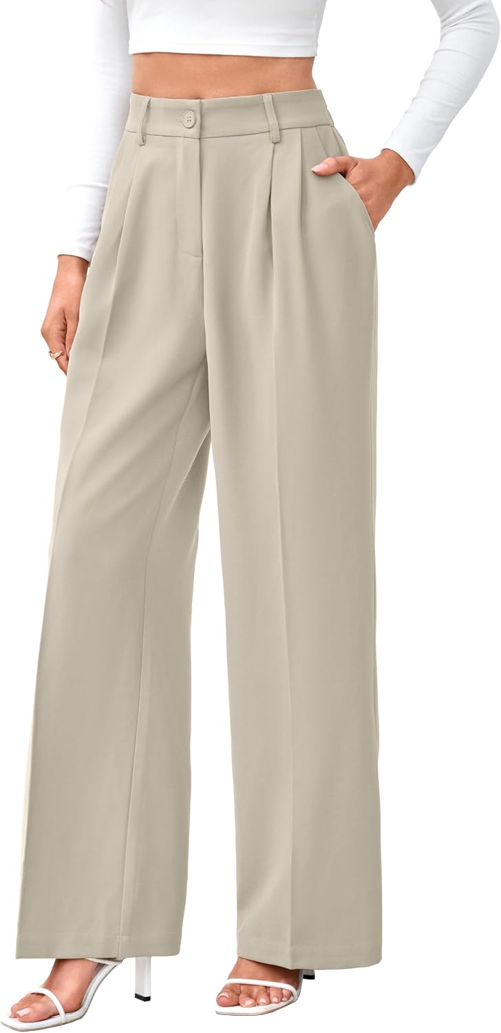 Women's High Waist Wide Leg Work Pants - Loose Office Slacks with Back Elastic Waistband for Business Casual - Small Sho