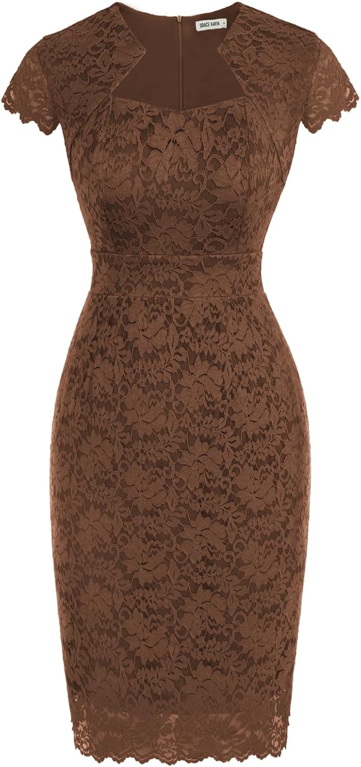 Women's Lace Cocktail Dress - Cap Sleeve Bodycon Pencil Dress for Weddings, Banquets and Semi Formal Evenings - Medium